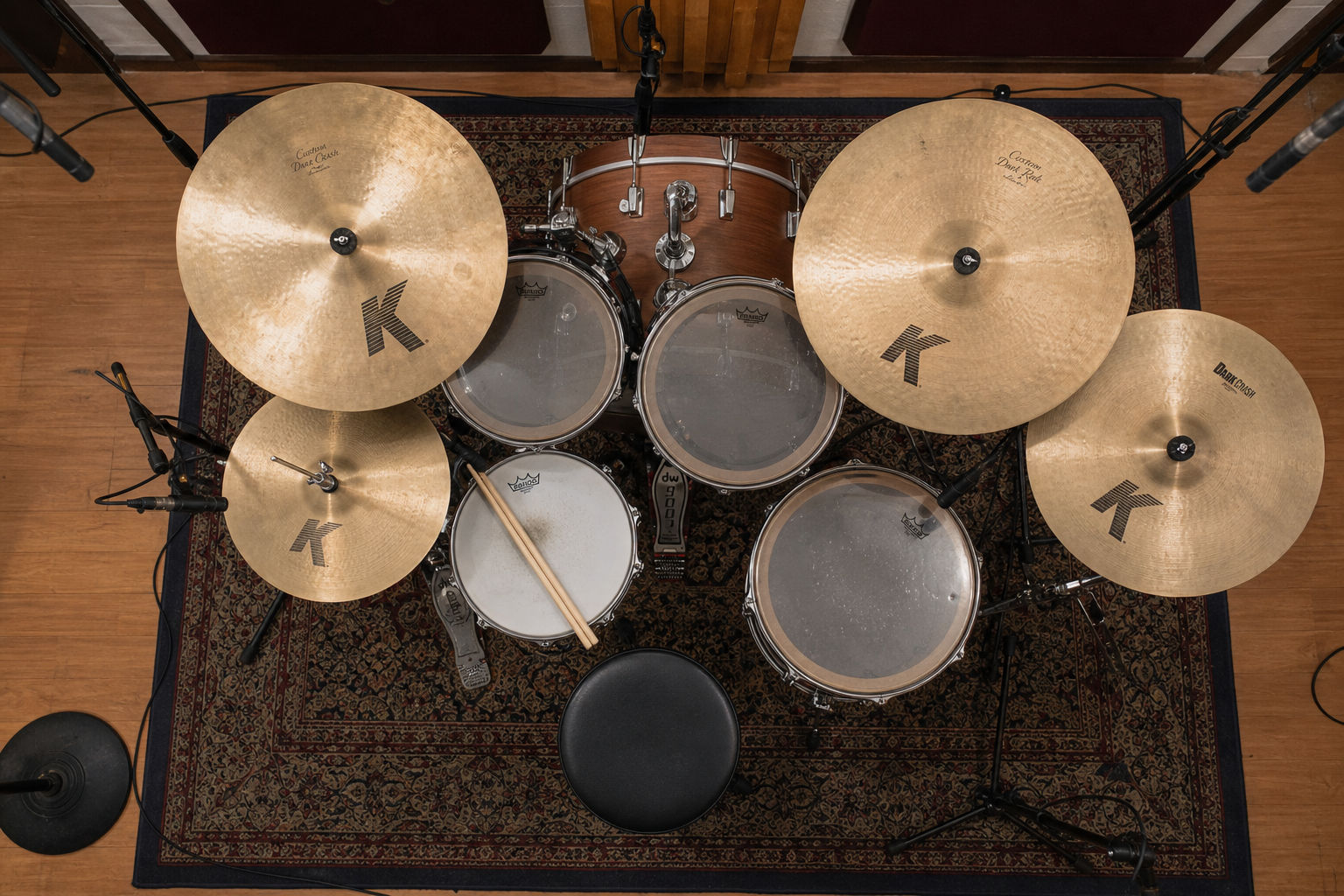 Studio drum kit overhead view